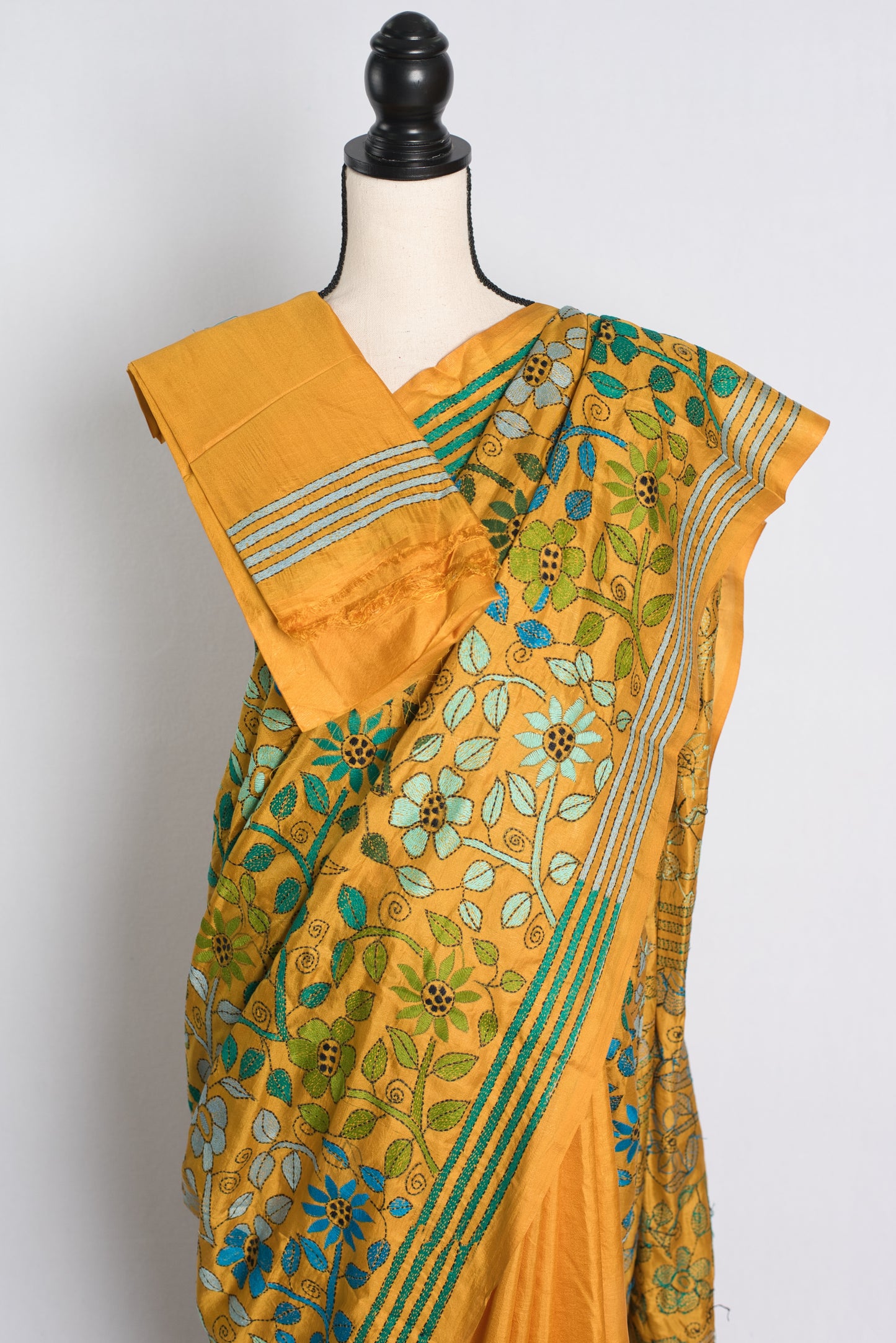 Silk Mark Certified Pure Silk Kantha Stitch Saree in Mustard Yellow.