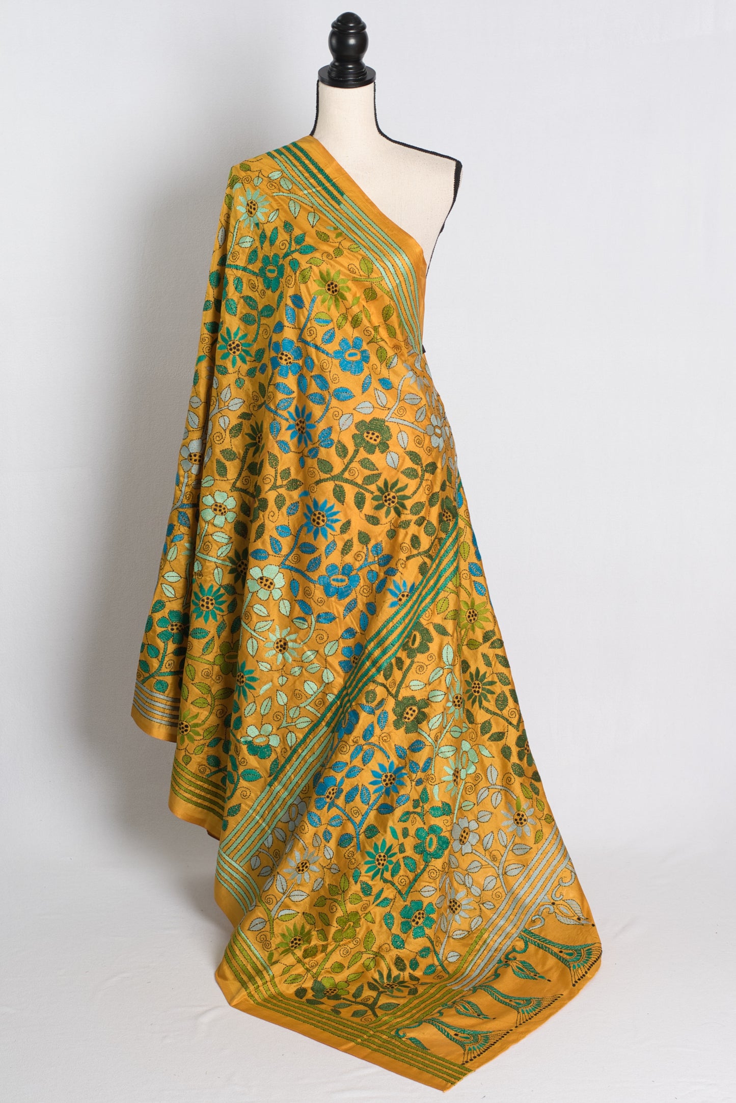 Silk Mark Certified Pure Silk Kantha Stitch Saree in Mustard Yellow.