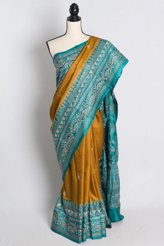 Silk Mark Certified Gachi Tussar Kantha Stitch Saree in Mustard Yellow.