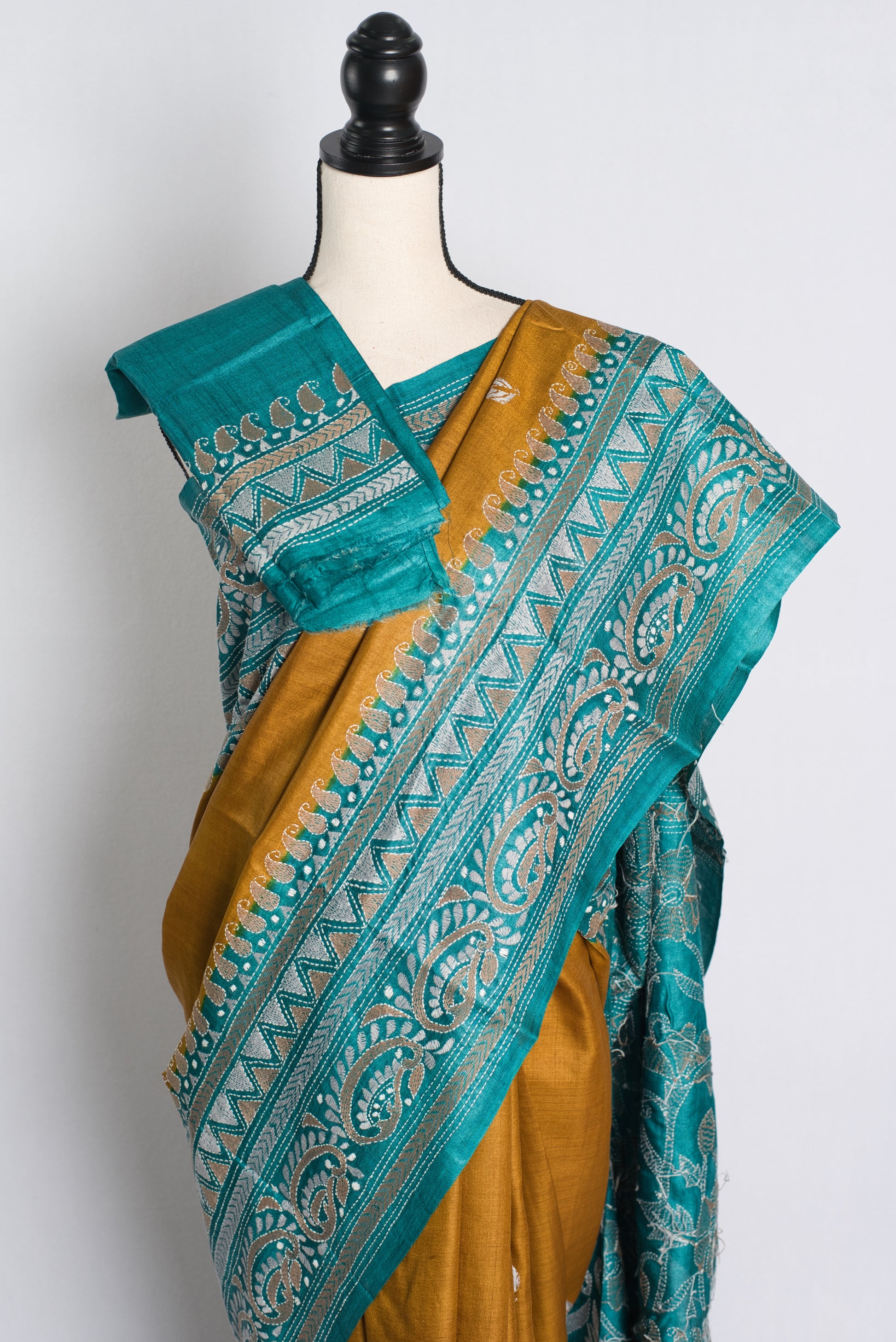 Silk Mark Certified Gachi Tussar Kantha Stitch Saree in Mustard Yellow.