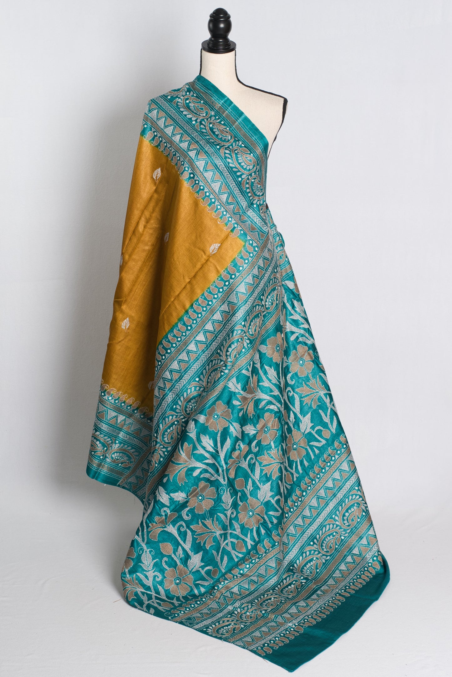 Silk Mark Certified Gachi Tussar Kantha Stitch Saree in Mustard Yellow.