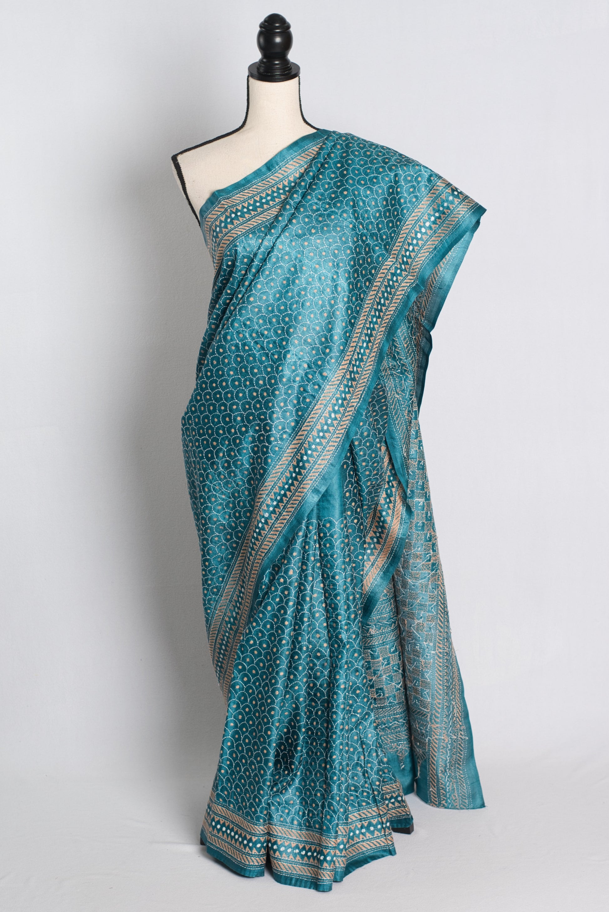 Silk Mark Certified Desi Tussar Kantha Stitch Saree in Steel Blue.