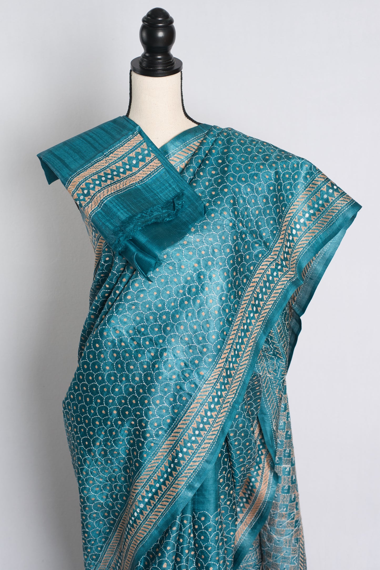 Silk Mark Certified Desi Tussar Kantha Stitch Saree in Steel Blue.