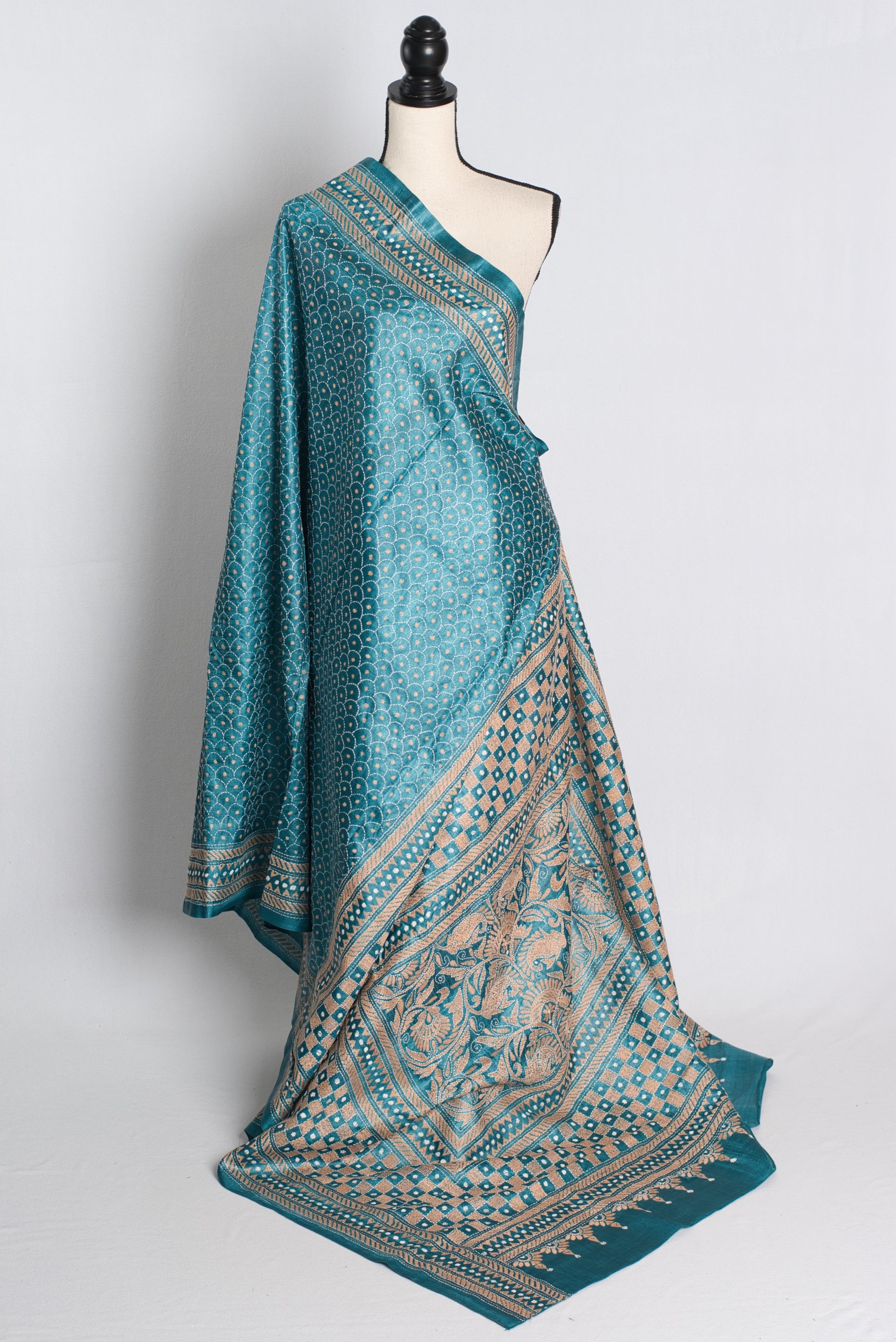 Silk Mark Certified Desi Tussar Kantha Stitch Saree in Steel Blue.