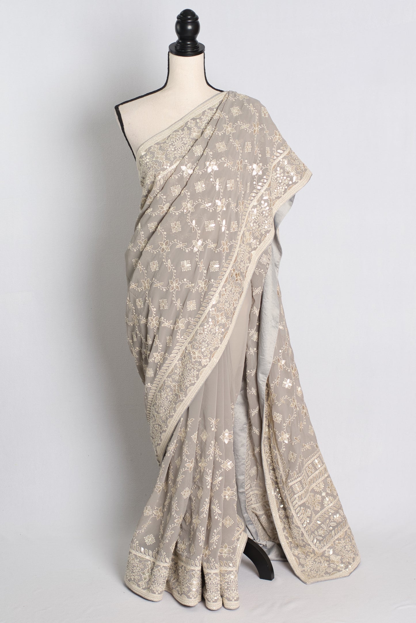 Grey Chikankari Georgette Partywear Saree.