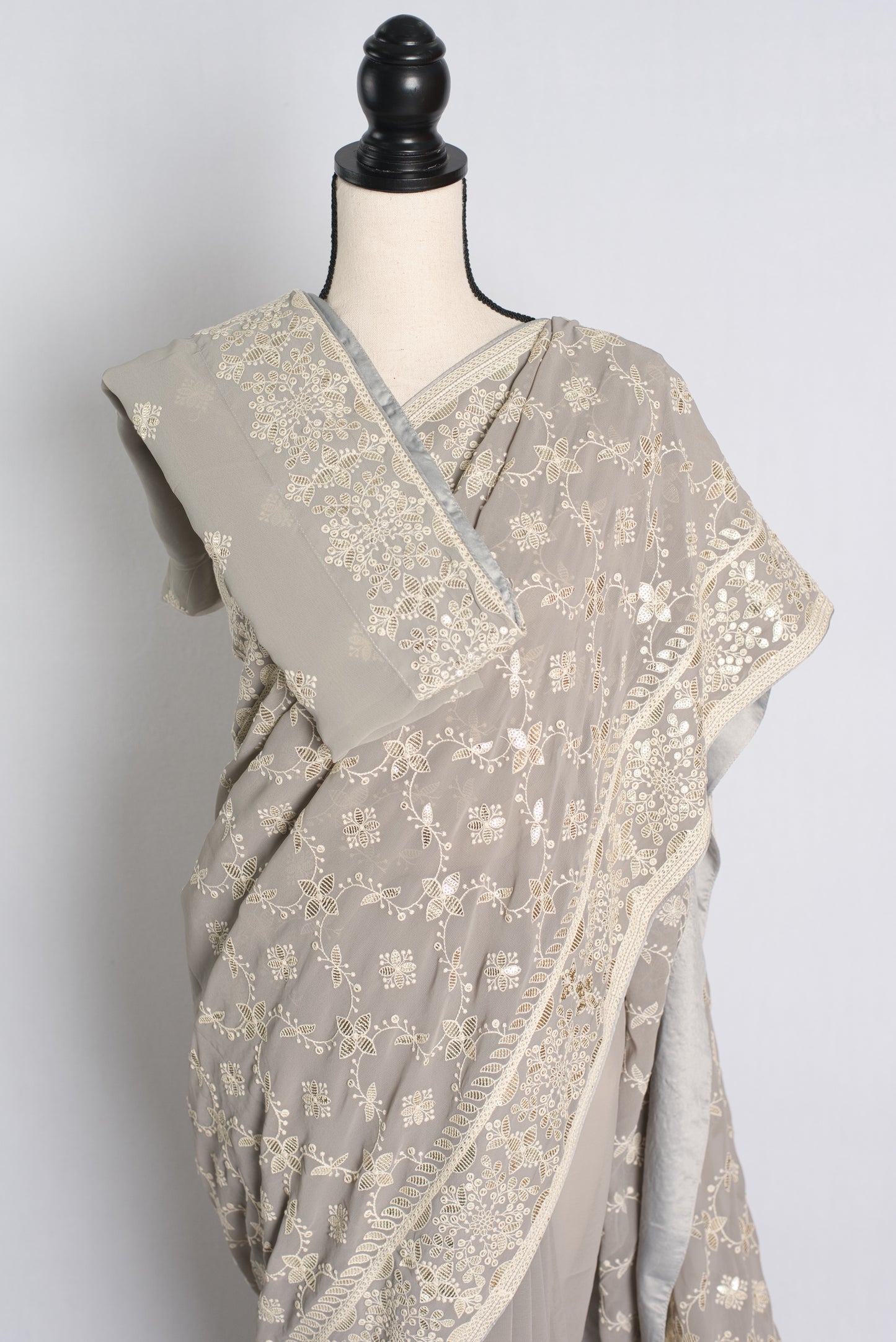 Grey Chikankari Georgette Partywear Saree.