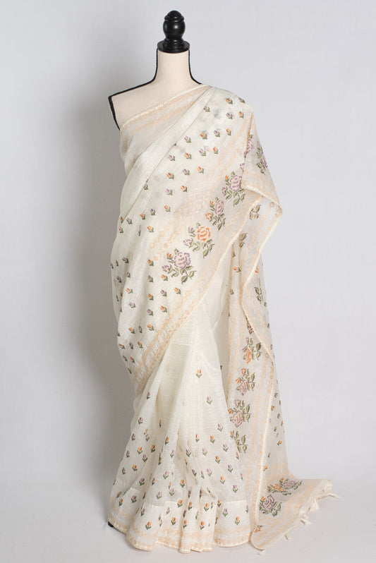 Off White Embroidered Crushed Silk Partywear Saree.