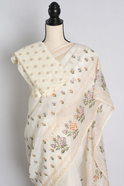 Off White Embroidered Crushed Silk Partywear Saree.