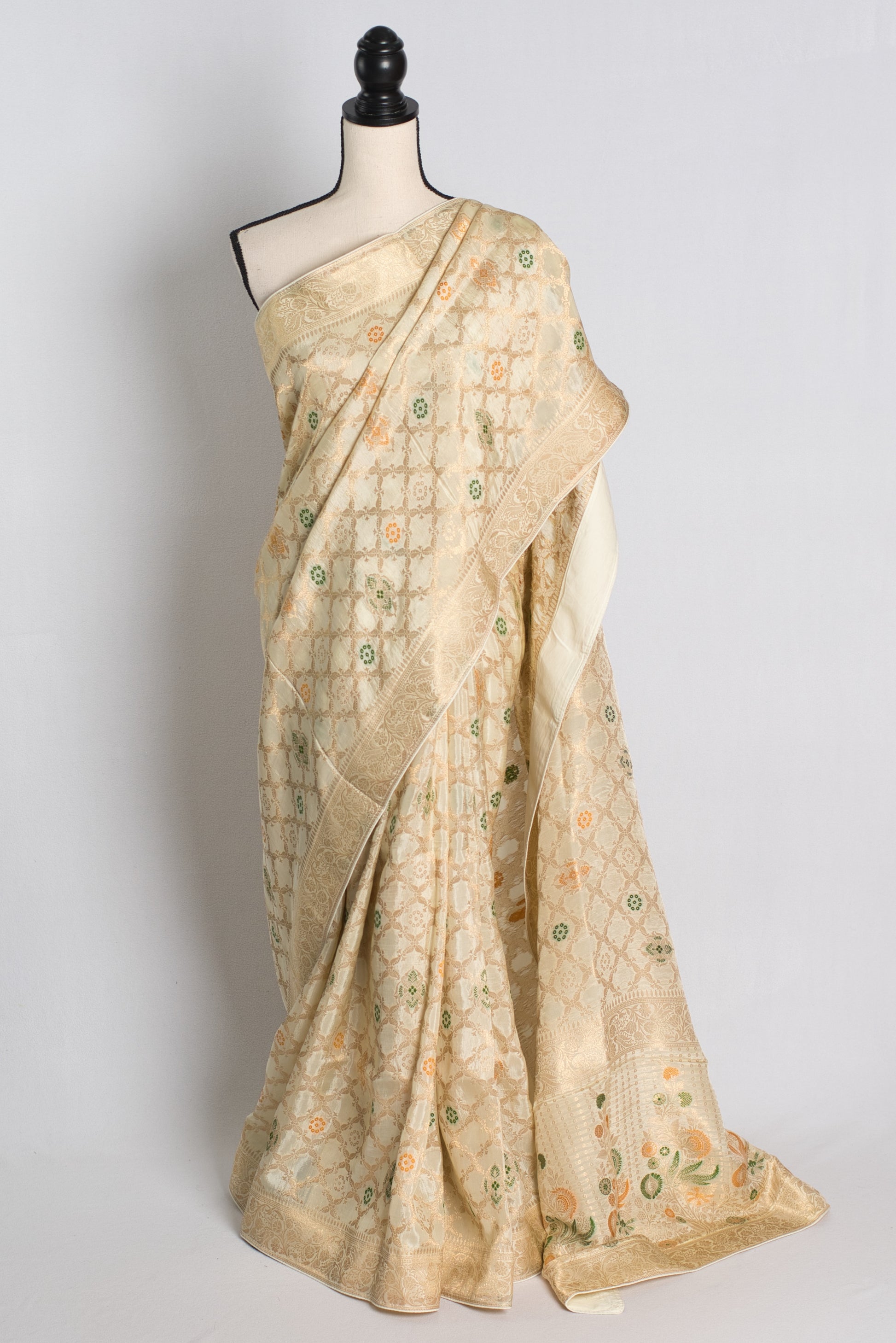 Soft Moonga Silk Minakari Banarasi Saree in Cream and Gold.