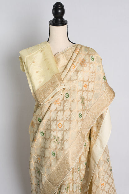 Soft Moonga Silk Minakari Banarasi Saree in Cream and Gold.