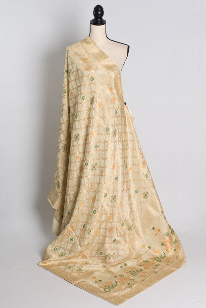 Soft Moonga Silk Minakari Banarasi Saree in Cream and Gold.