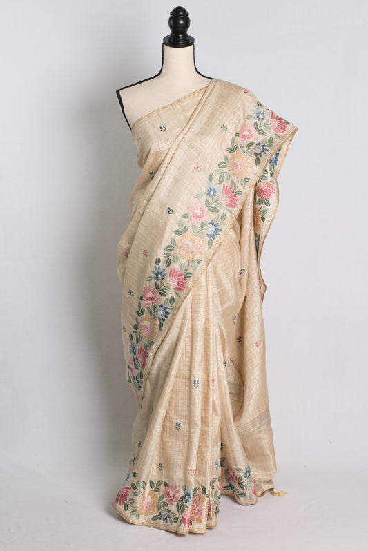 Semi Tussar Parsi Embroidery Saree in Beige.