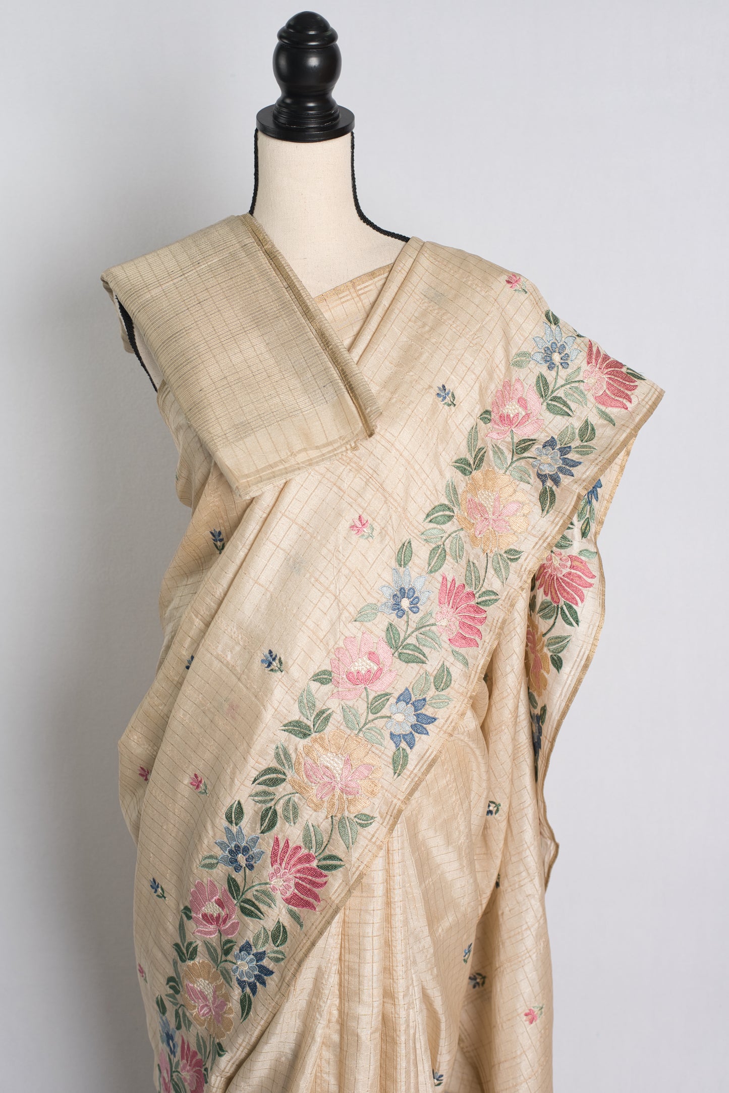 Semi Tussar Parsi Embroidery Saree in Beige.