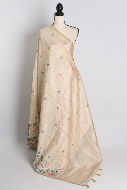 Semi Tussar Parsi Embroidery Saree in Beige