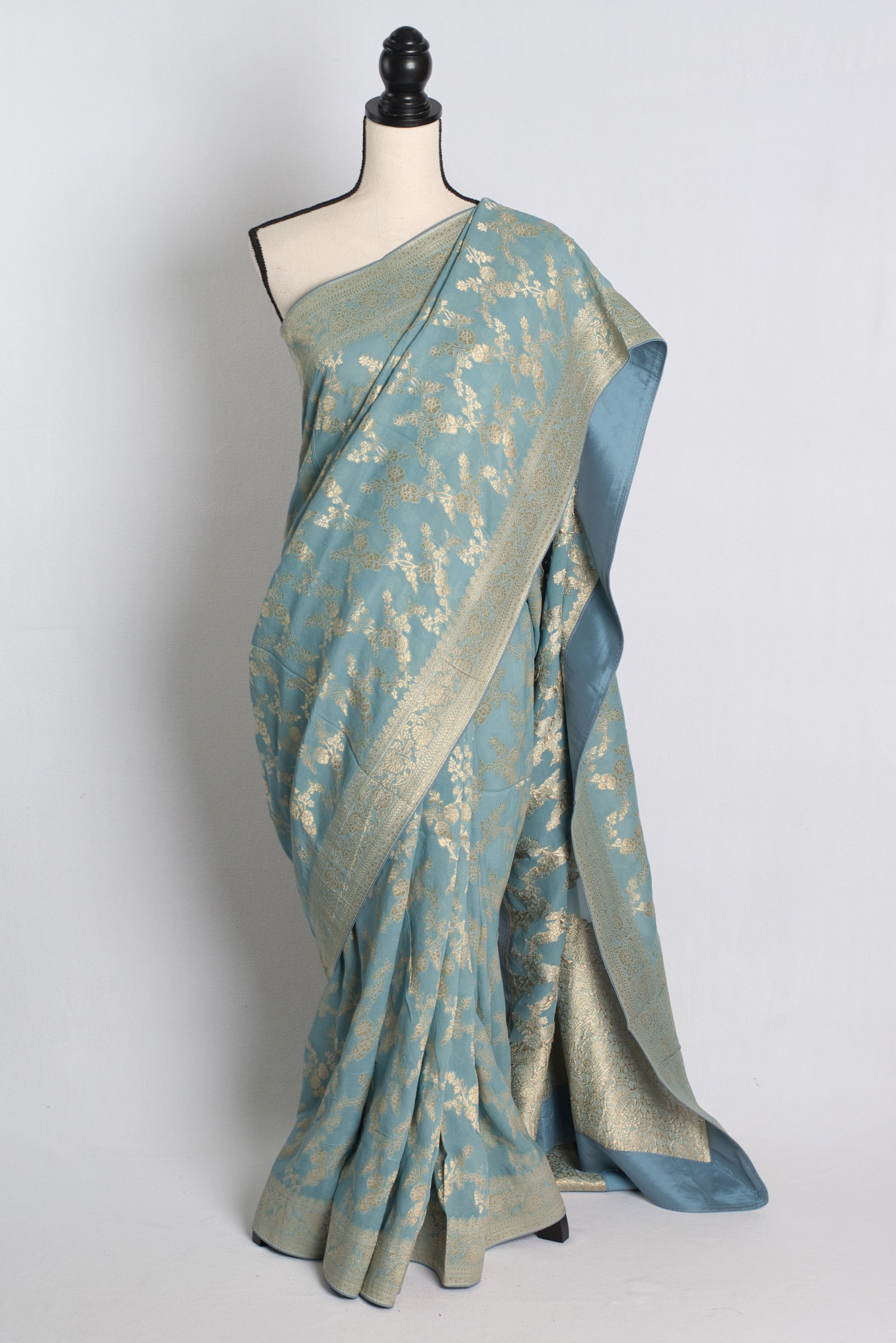 Georgette Banarasi Saree in Cloud Gray with 42 Size Stitched Blouse.