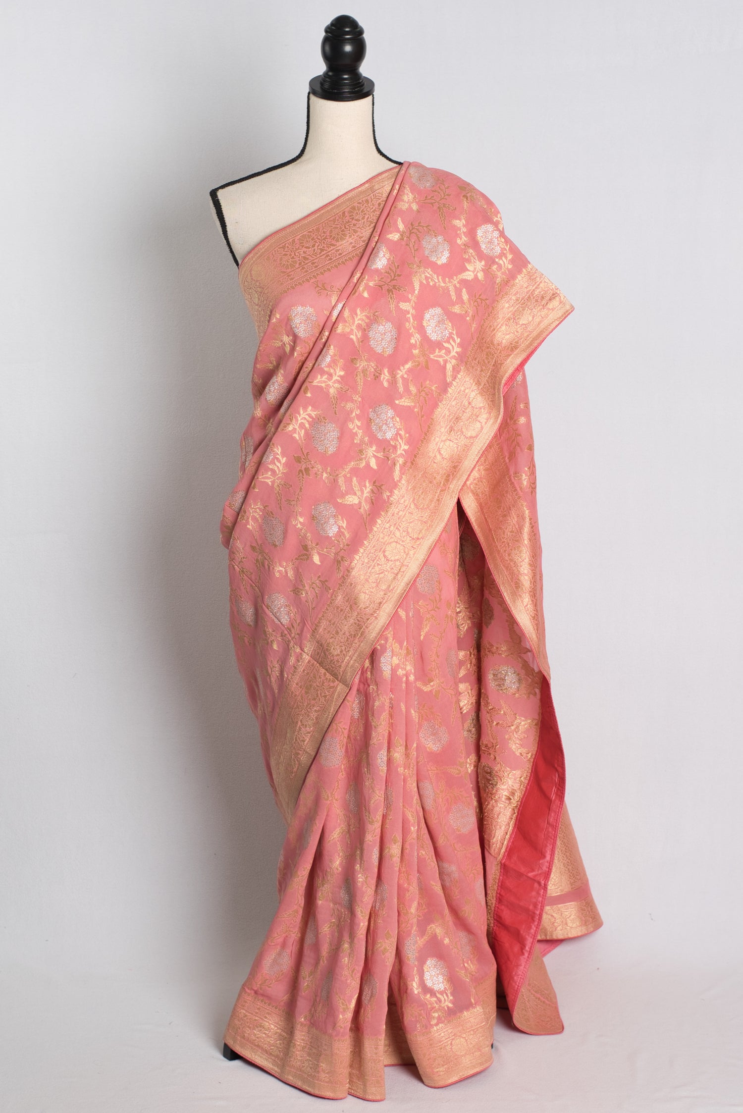 Baby Pink Georgette Banarasi Saree with 38 Size Stitched Blouse.