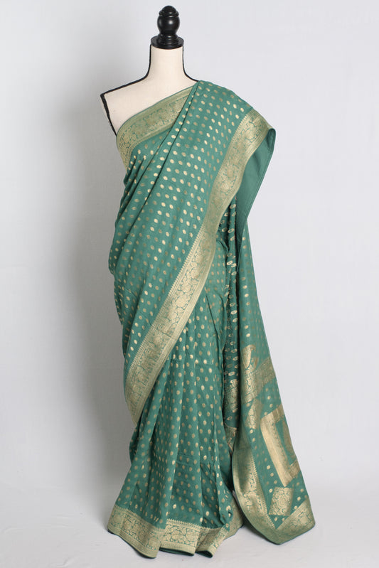 Green Georgette Banarasi Saree with 40 Size Stitched Blouse.