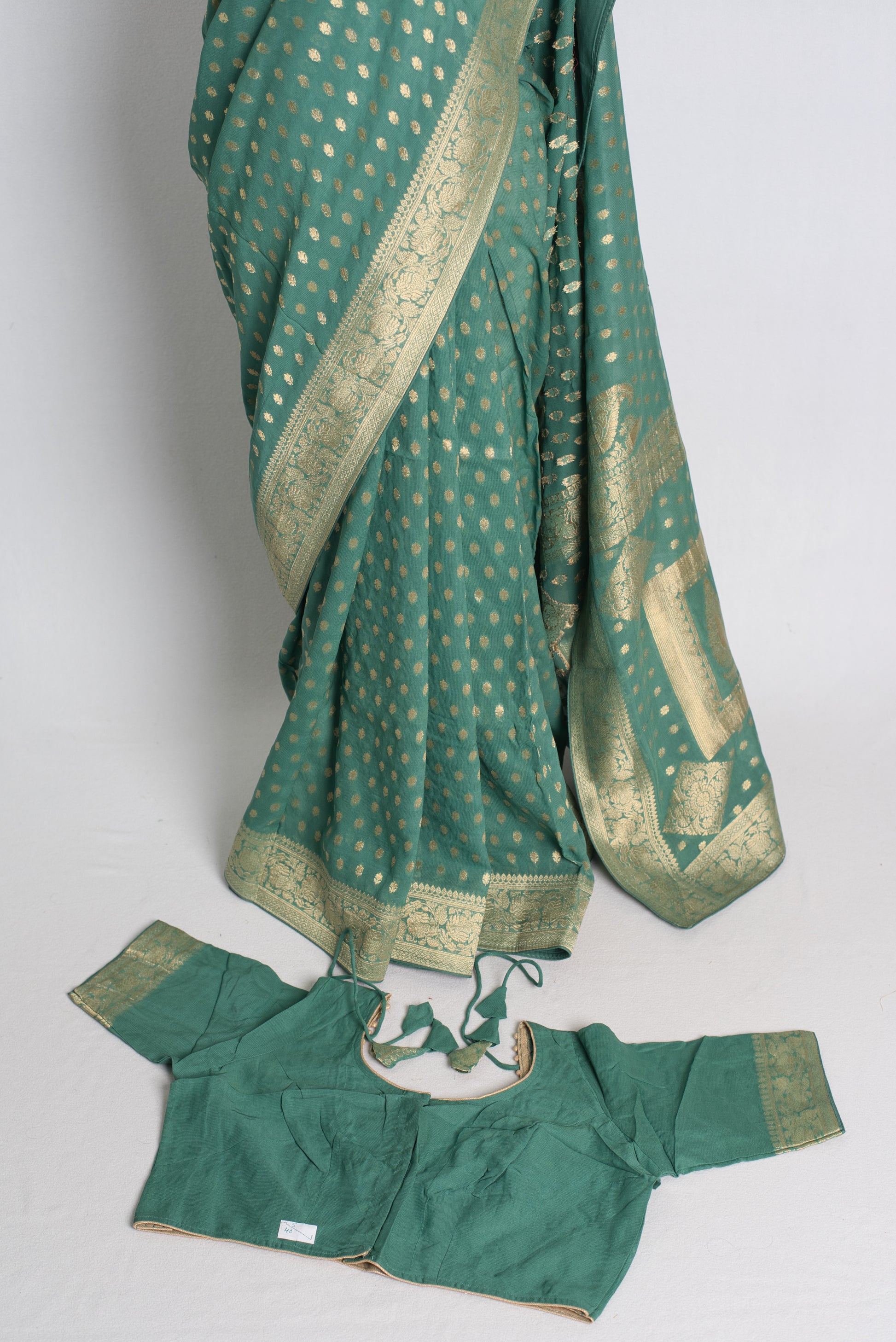 Green Georgette Banarasi Saree with 40 Size Stitched Blouse.