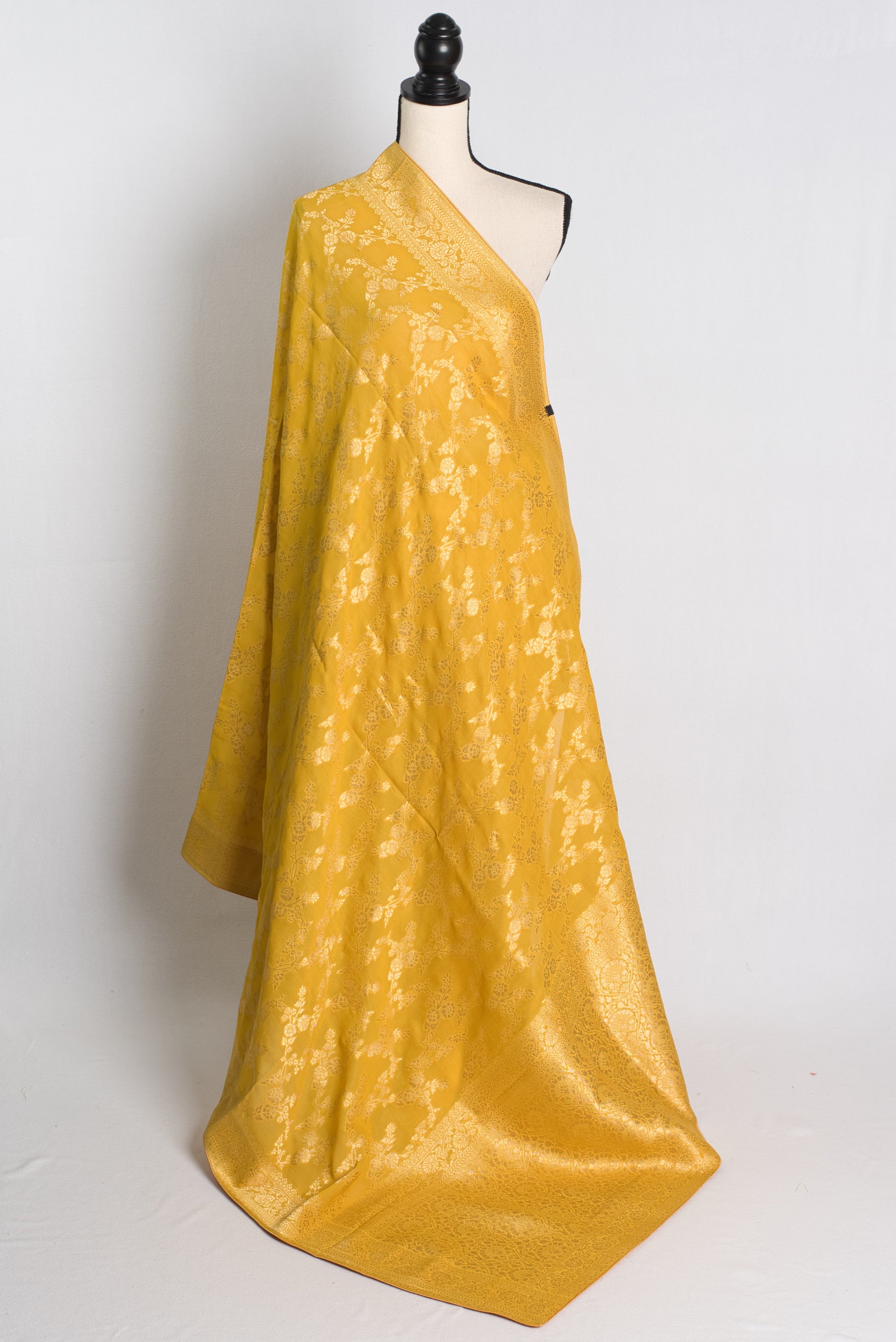 Jaal Work Crepe Georgette Banarasi Saree in Yellow and Gold.