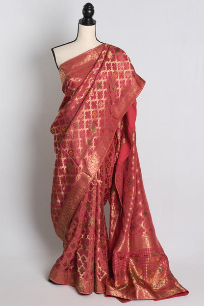 Soft Moonga Silk Minakari Banarasi Saree in Brown and Gold.