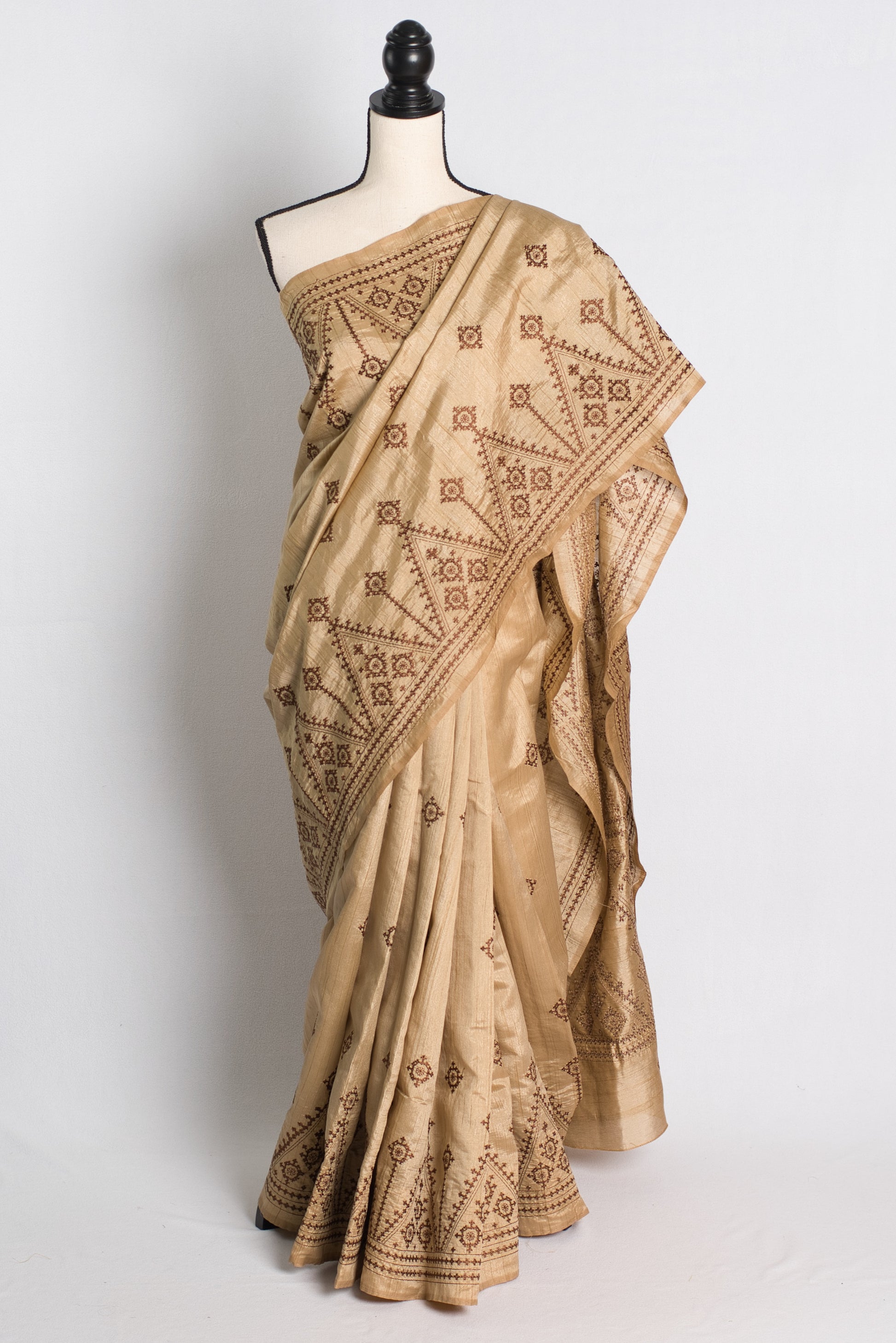 Budget Friendly Semi Tussar Embroidery Saree in Beige.