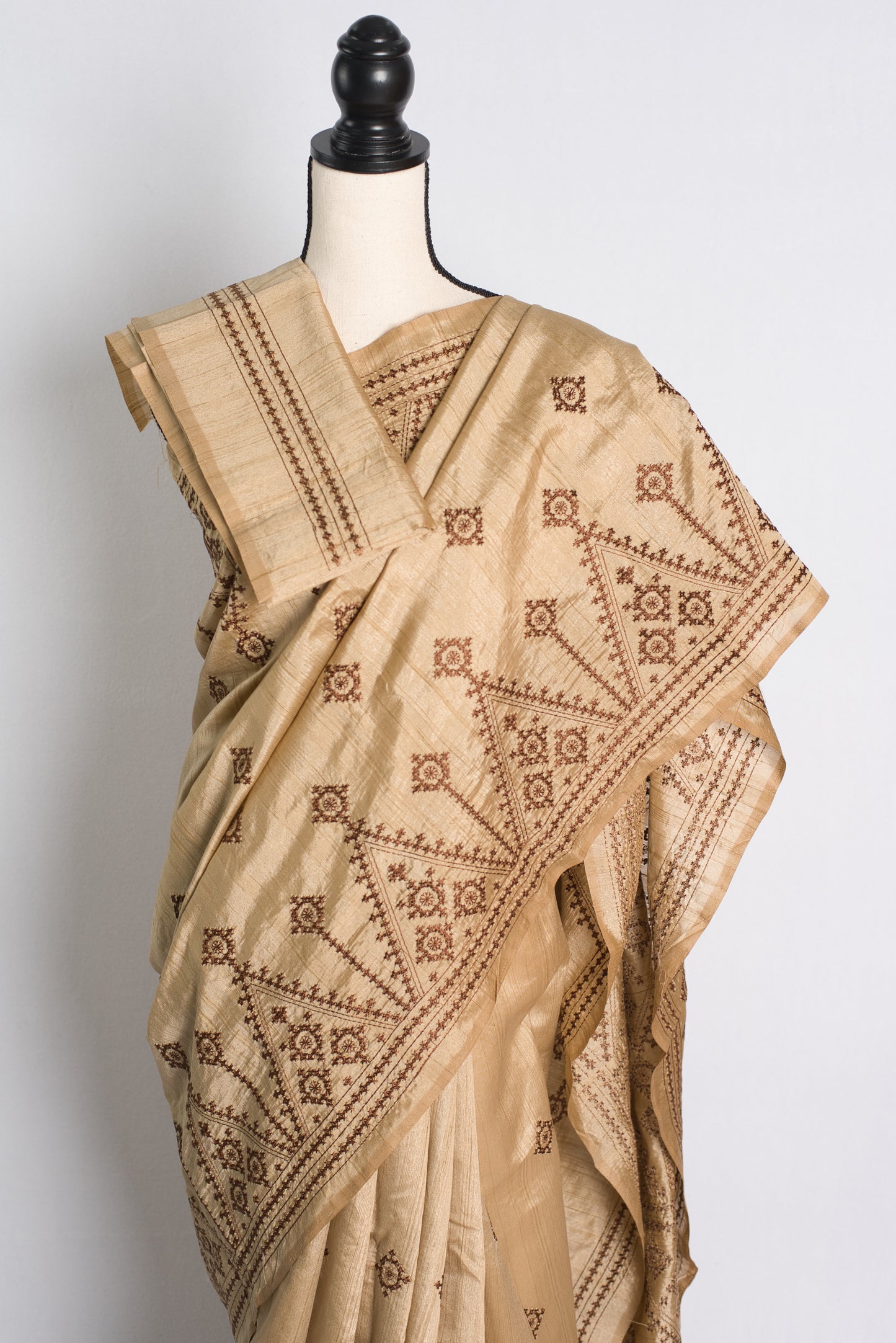 Budget Friendly Semi Tussar Embroidery Saree in Beige.