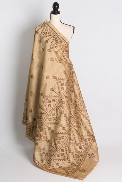 Budget Friendly Semi Tussar Embroidery Saree in Beige.