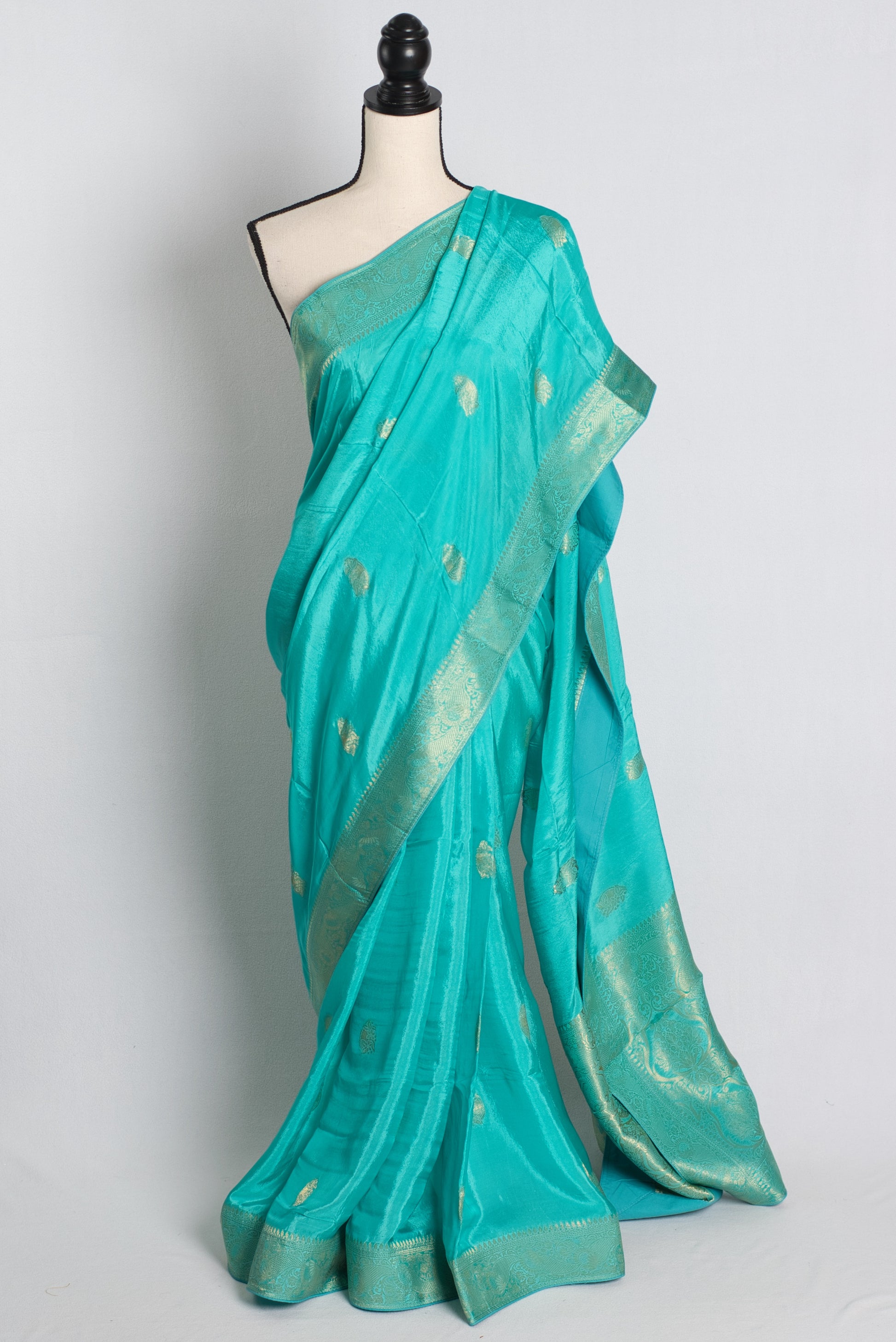 Soft Moonga Silk Banarasi Saree in Turquoise Blue and Gold.