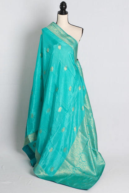 Soft Moonga Silk Banarasi Saree in Turquoise Blue and Gold.