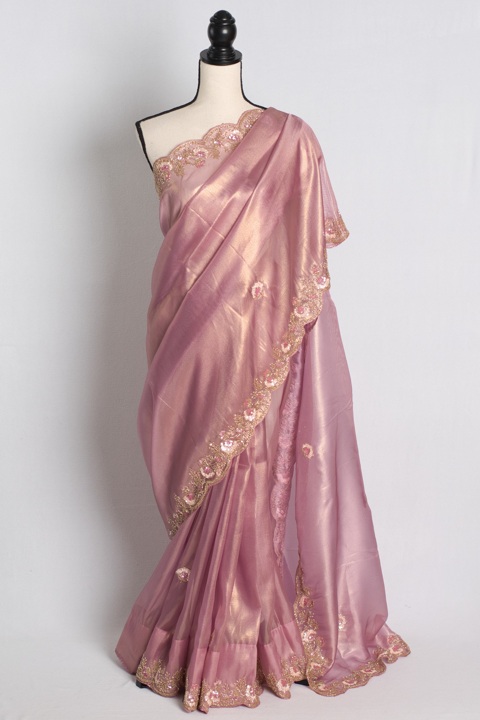 Hand Embroidery Party Wear Tissue Saree in Mauve.