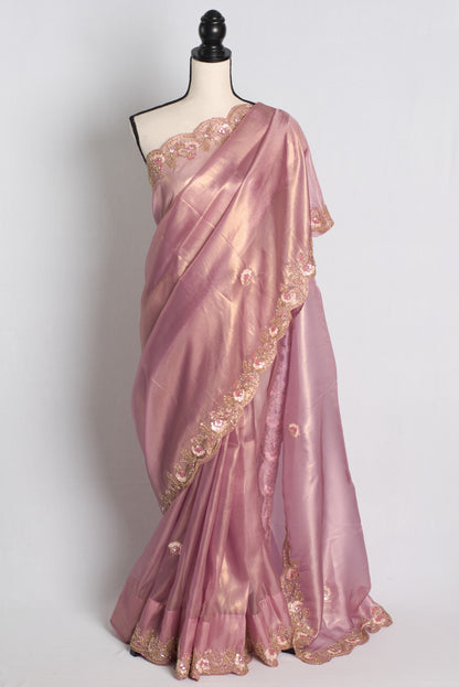 Hand Embroidery Party Wear Tissue Saree in Mauve.