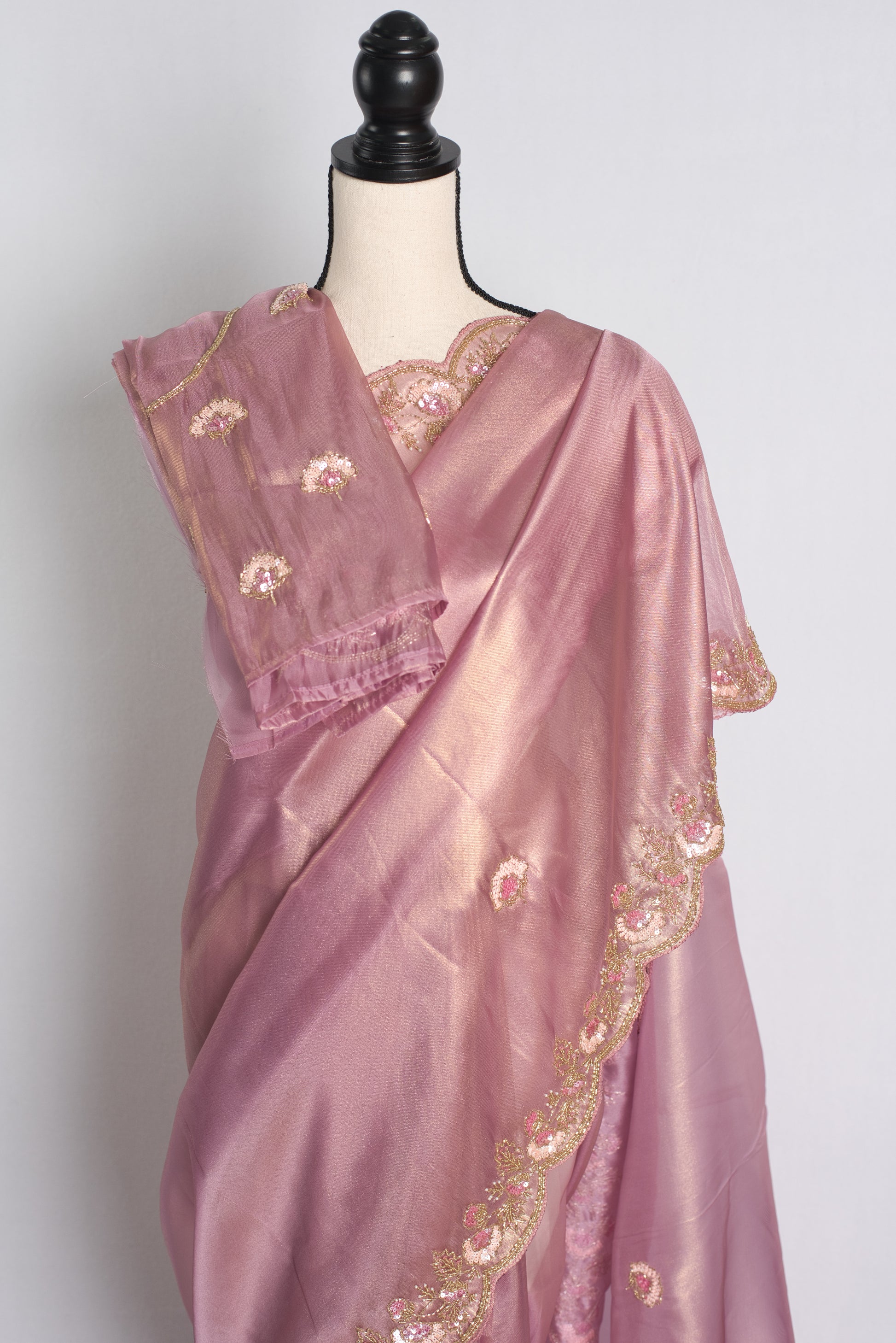 Hand Embroidery Party Wear Tissue Saree in Mauve.