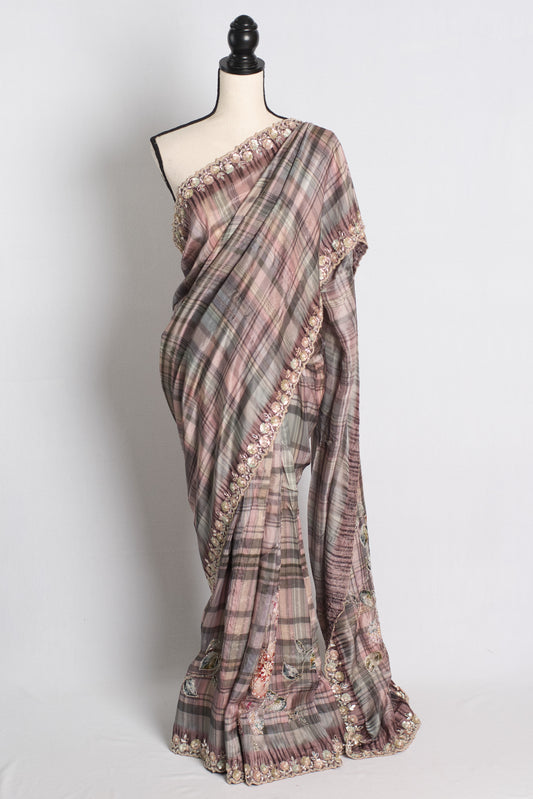 Hand Embroidery Semi Crepe Designer Saree in English Brown.