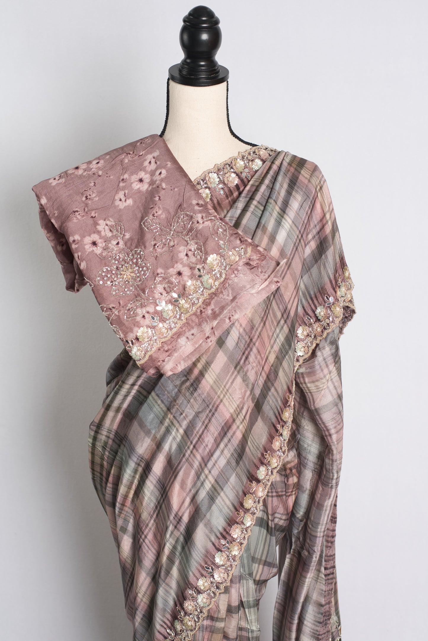 Hand Embroidery Semi Crepe Designer Saree in English Brown.