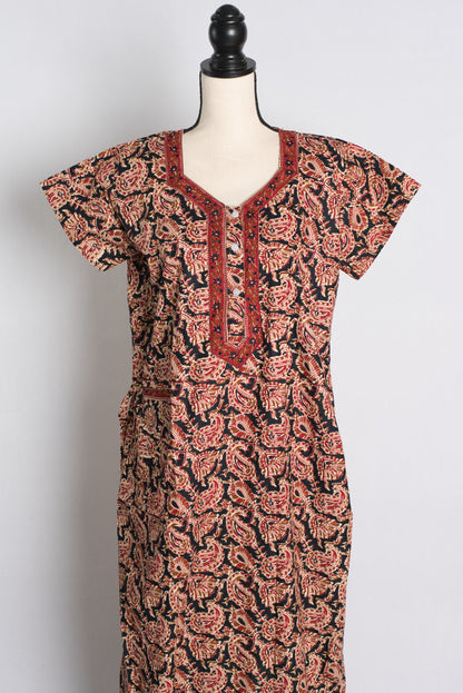 Pure Cotton Kalamkari Black Indian Nighty.