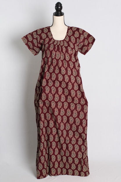 Pure Cotton Maroon Paisley Printed Indian Nighty.