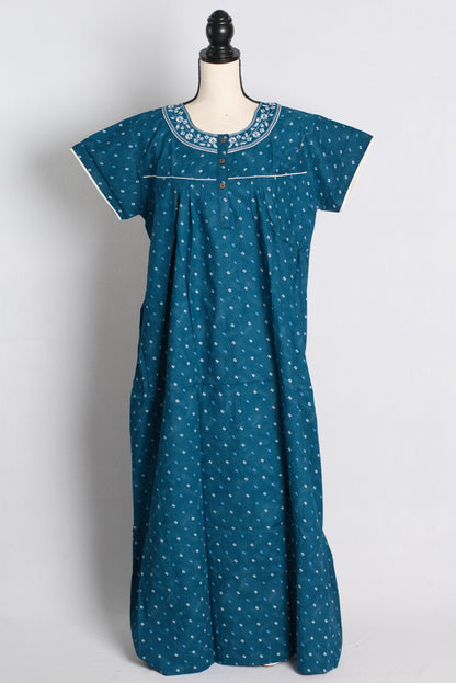 Pure Cotton Blue Embroidered Indian Nighty.