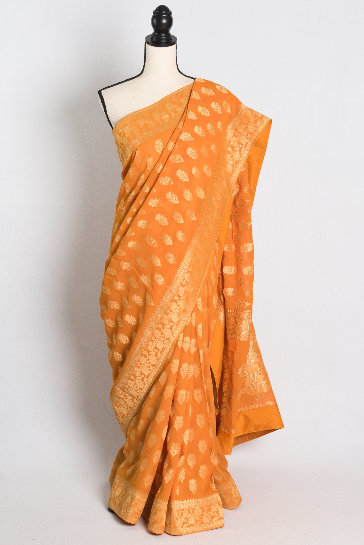 Crepe Georgette Banarasi Saree in Orange and Gold.