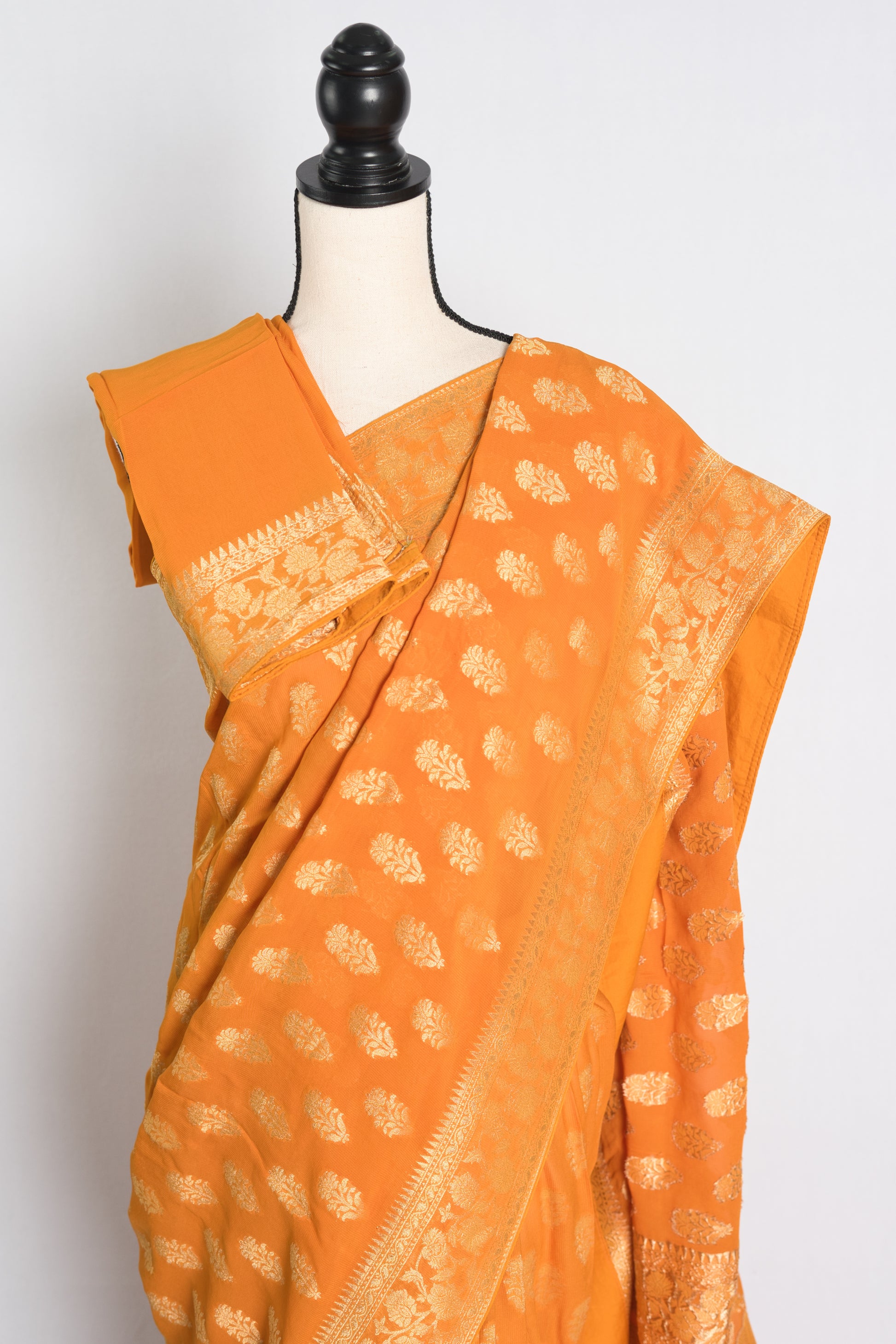 Crepe Georgette Banarasi Saree in Orange and Gold.