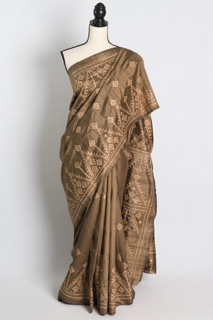 Semi Tussar Embroidery Saree in Brown.