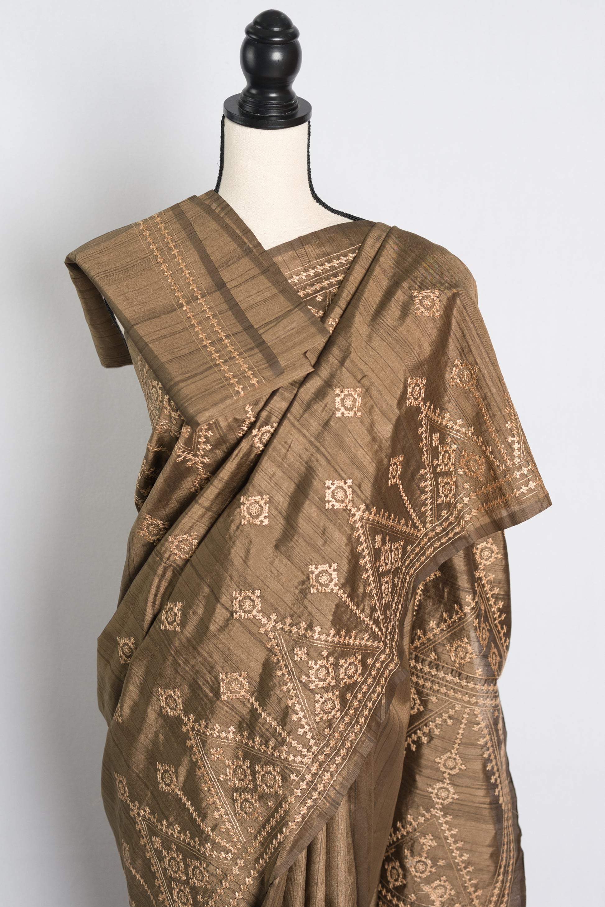 Semi Tussar Embroidery Saree in Brown.