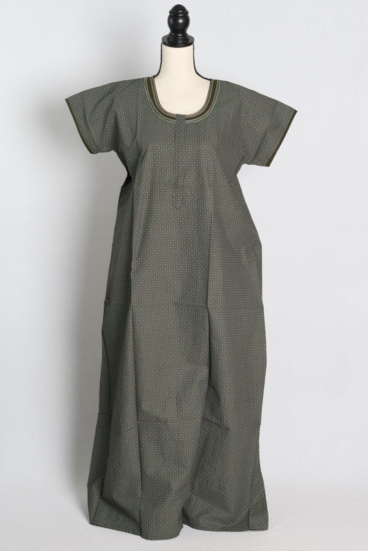 Pure Cotton Henna Green Embroidered Indian Nighty.