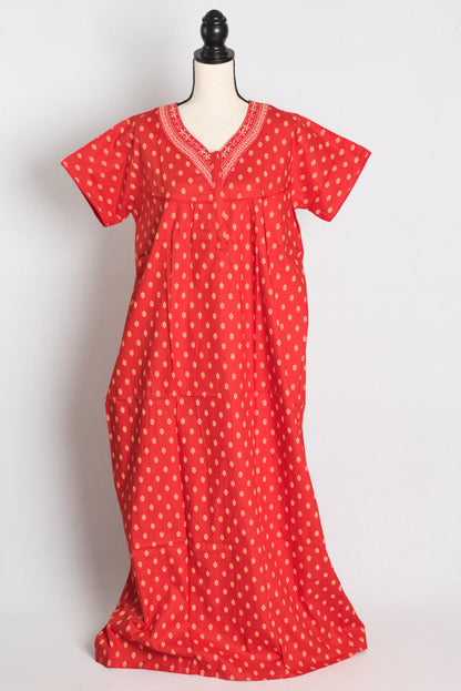 Pure Cotton Red Embroidered Indian Nighty.