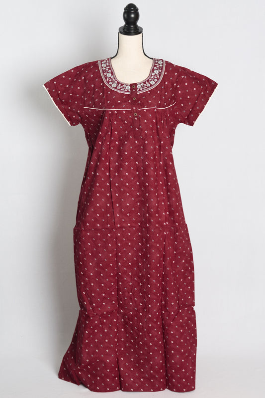 Pure Cotton Maroon Embroidered Indian Nighty.