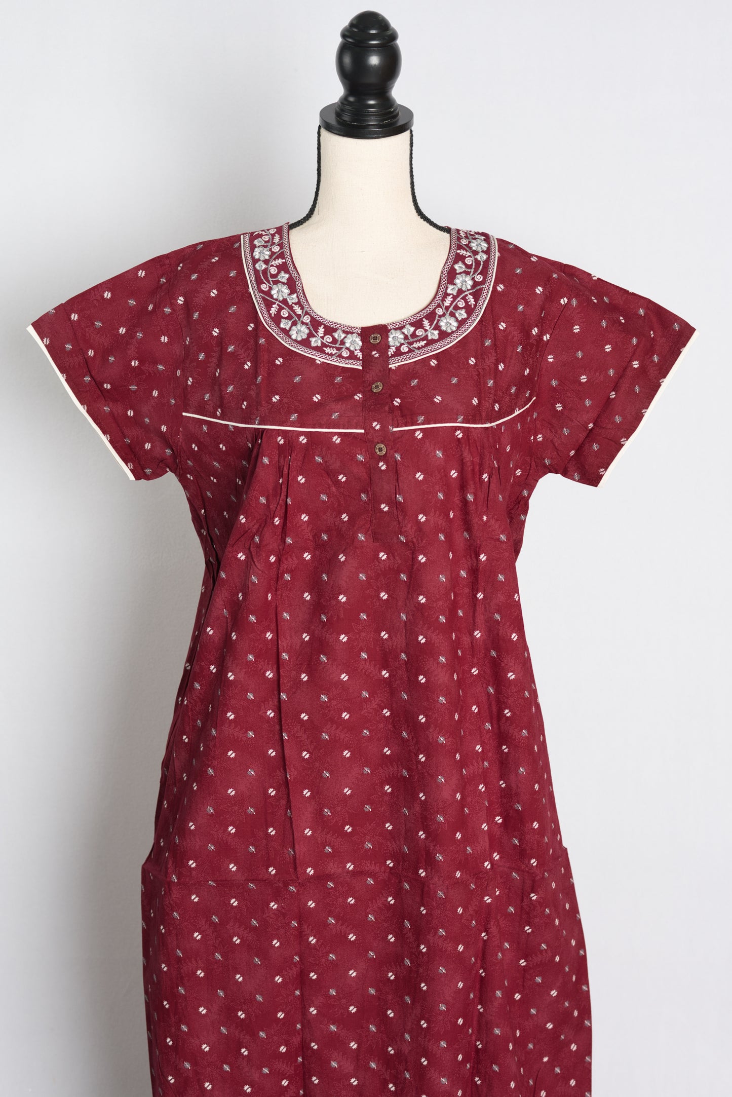 Pure Cotton Maroon Embroidered Indian Nighty.