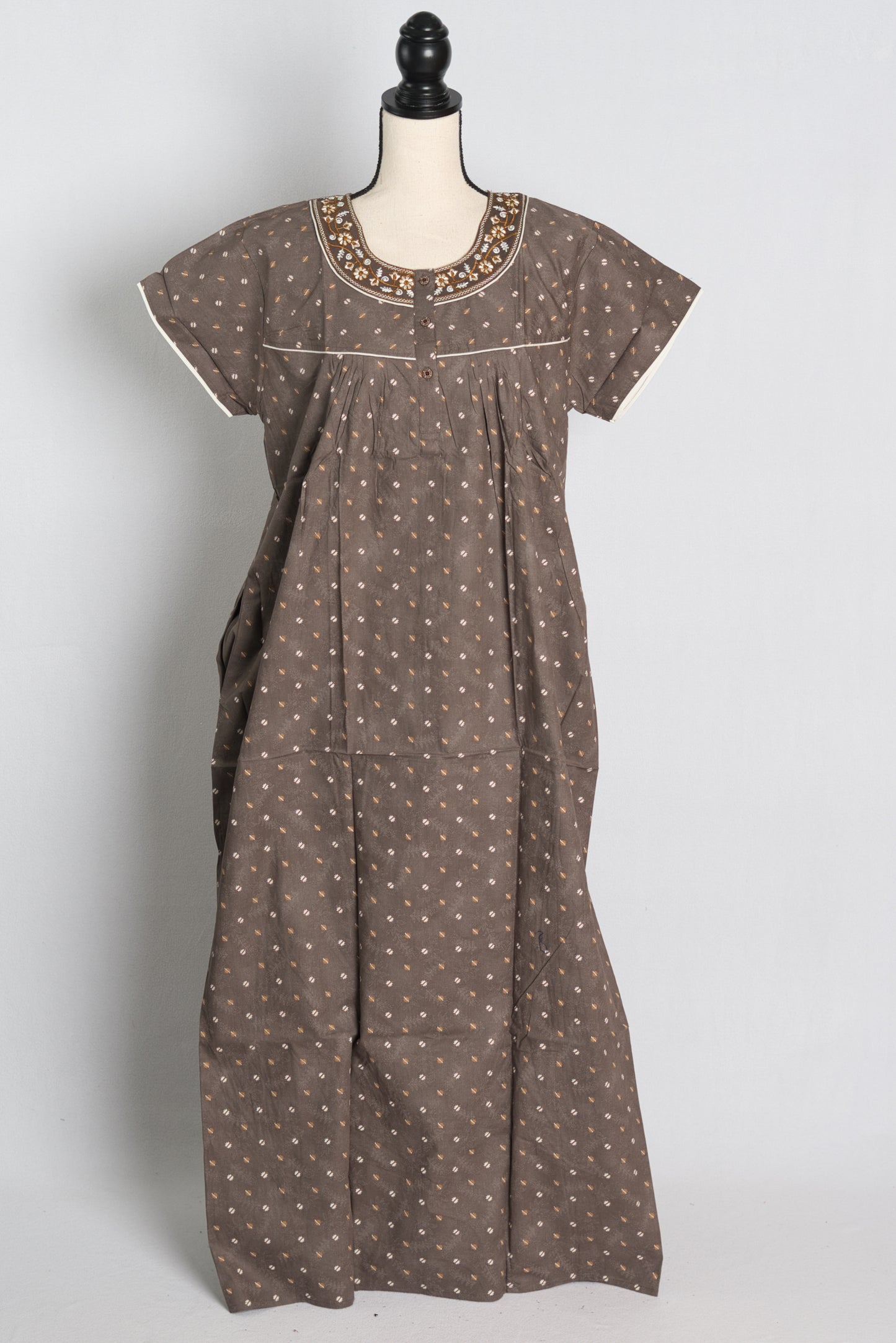 Pure Cotton Brown Embroidered Indian Nighty.