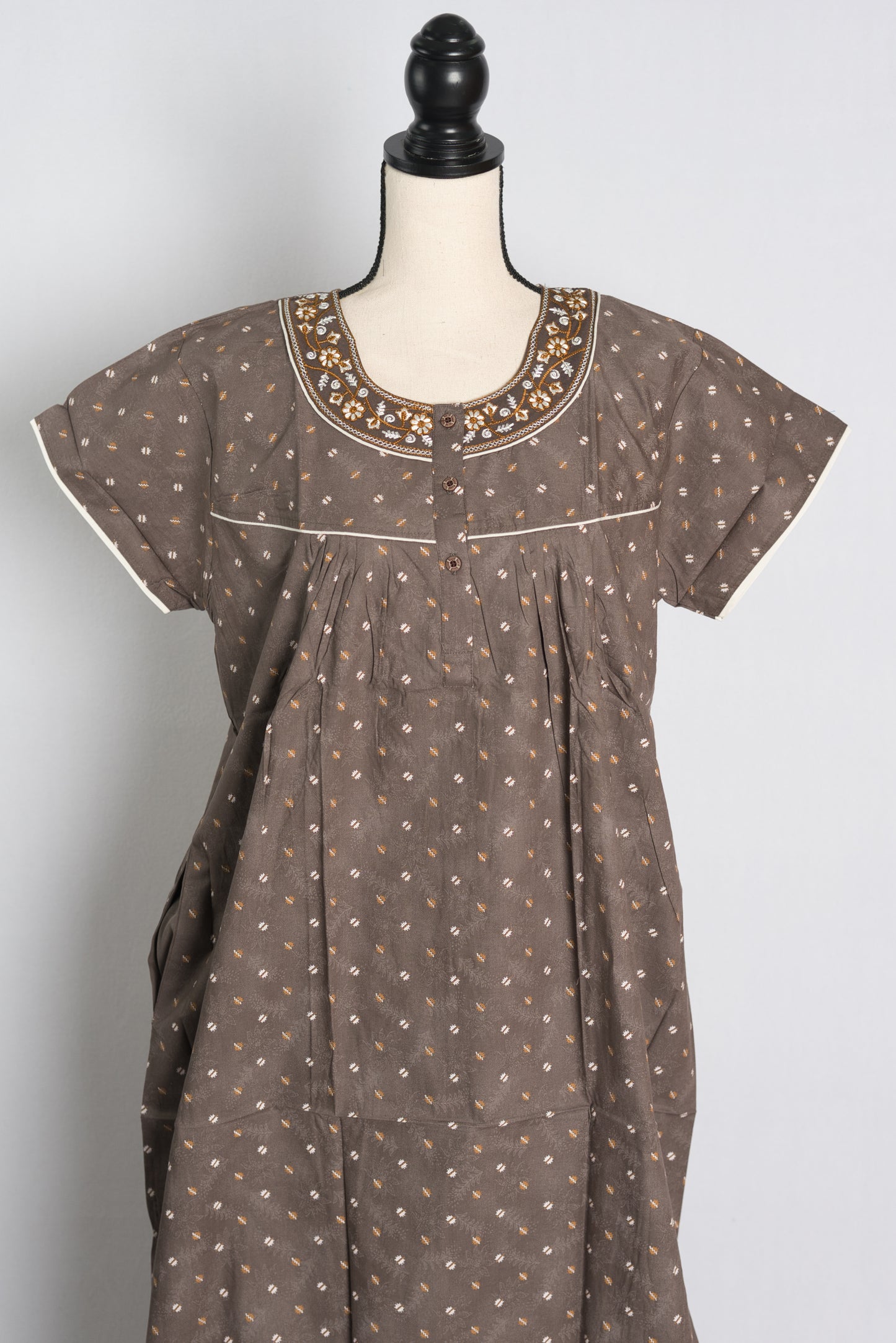 Pure Cotton Brown Embroidered Indian Nighty.