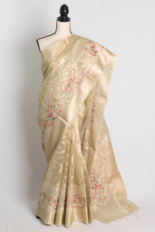 Semi Kota Machine Embroidery Saree in Beige and Gold.