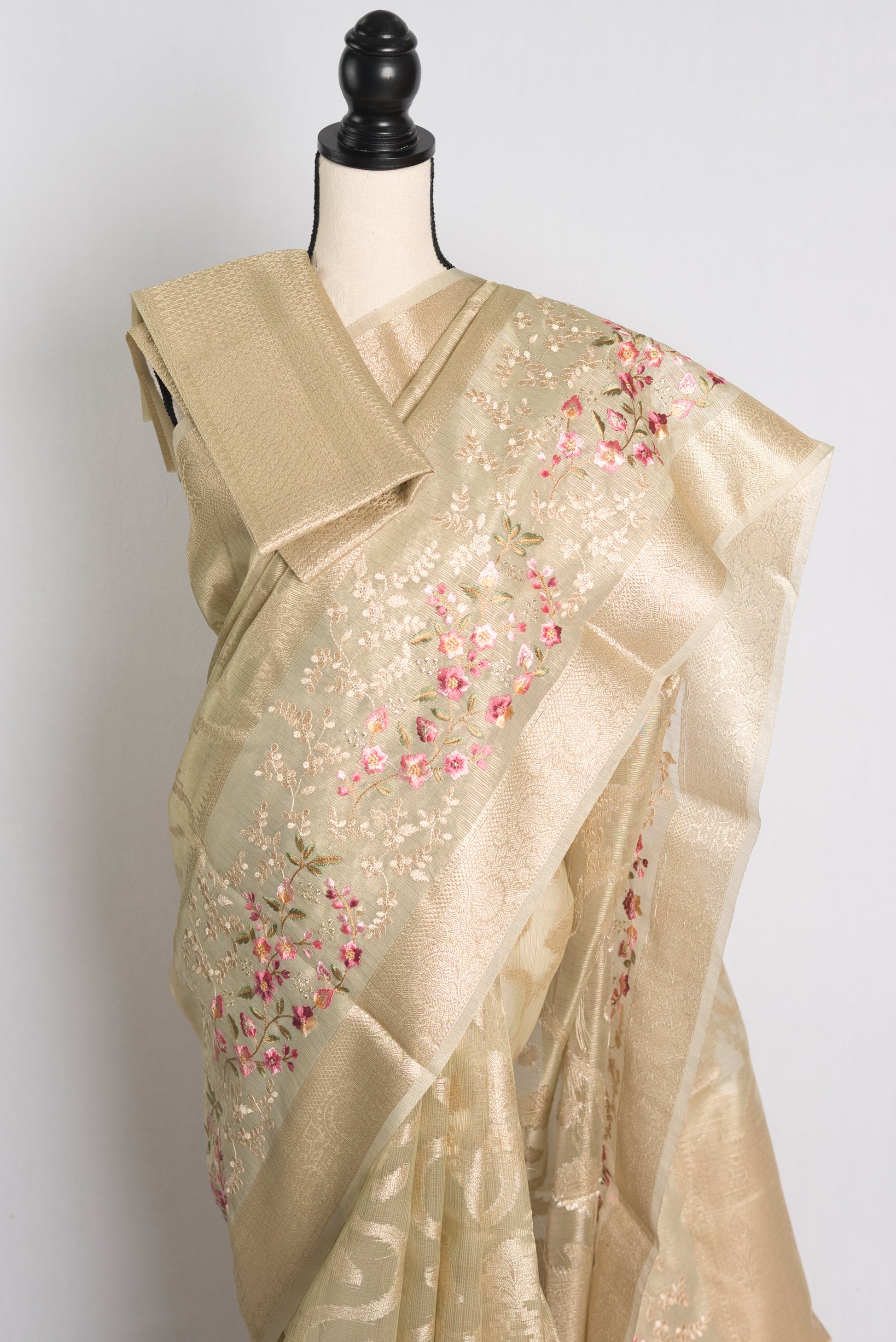 Semi Kota Machine Embroidery Saree in Beige and Gold.