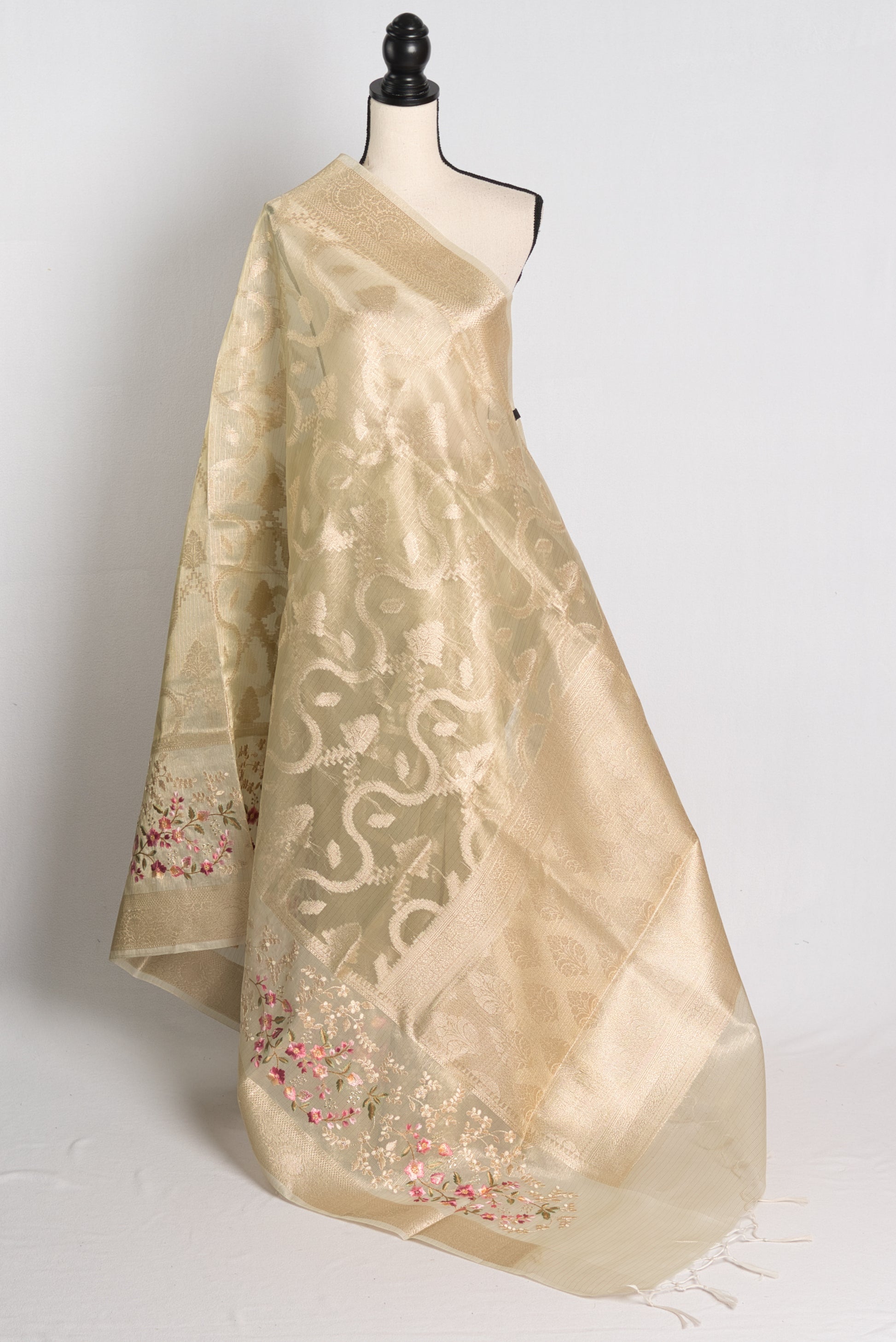 Semi Kota Machine Embroidery Saree in Beige and Gold.